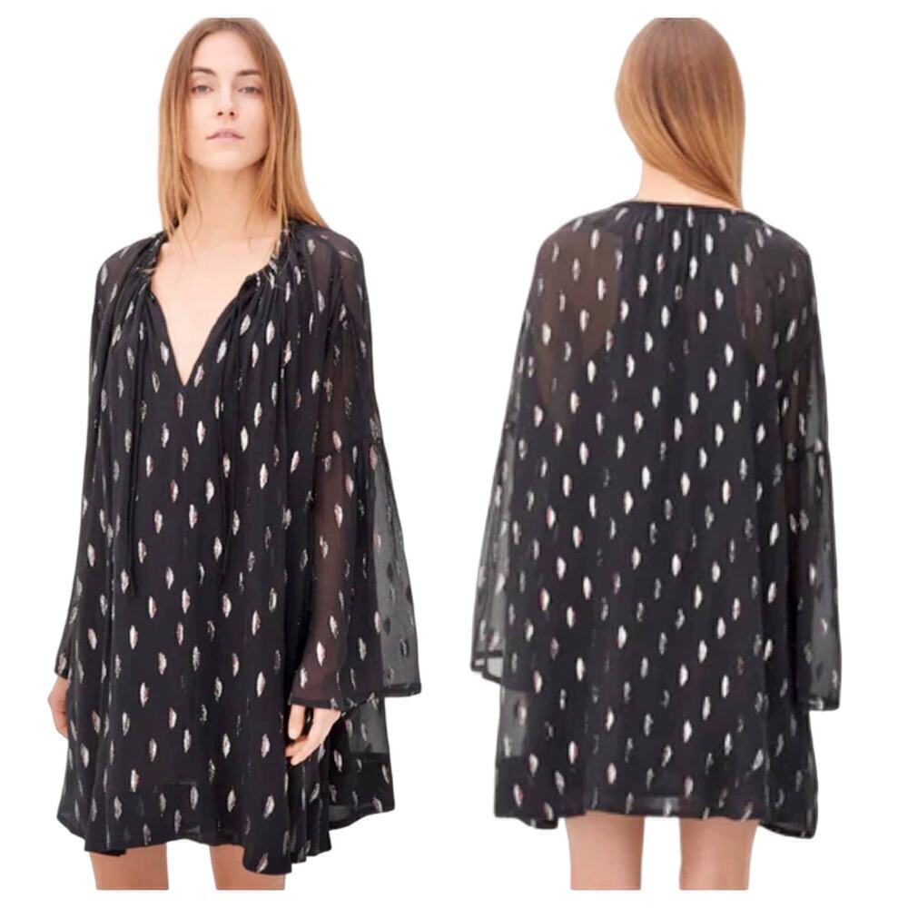 IRO Dress Paula Metallic Silk Tie Front Mini Long Sleeve Boho Black Silver 40 8